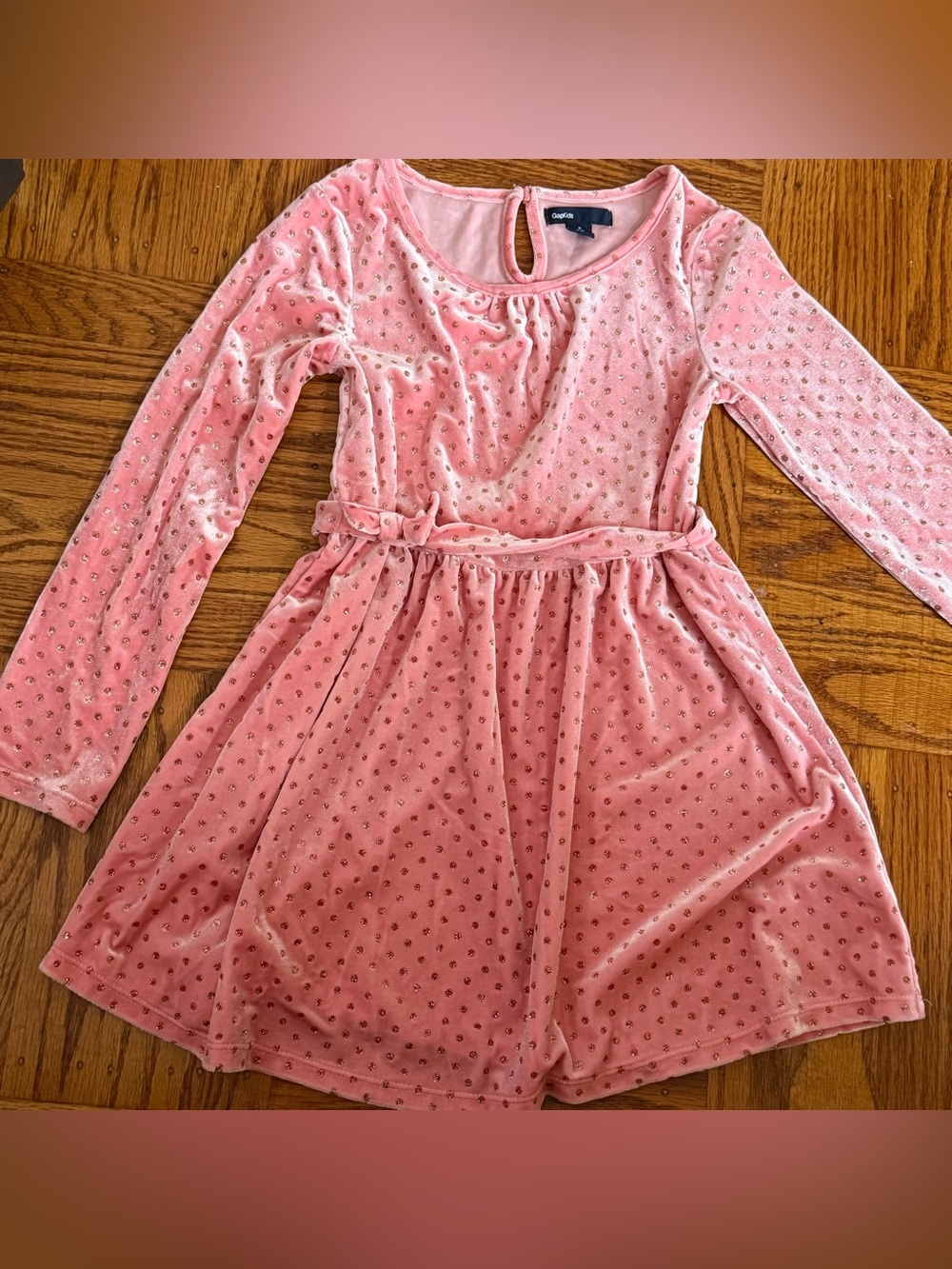 GAP Pink Velvet Long-Sleeve Dress with Gold Dots